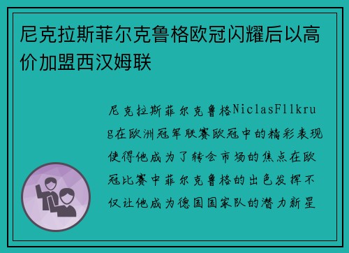 尼克拉斯菲尔克鲁格欧冠闪耀后以高价加盟西汉姆联 尼克拉斯菲尔克鲁格欧冠闪耀后以高价加盟西汉姆联