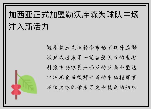 加西亚正式加盟勒沃库森为球队中场注入新活力