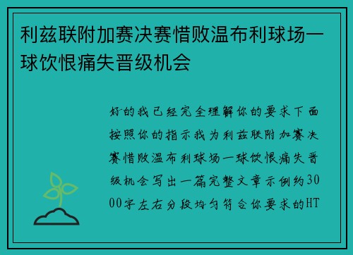 利兹联附加赛决赛惜败温布利球场一球饮恨痛失晋级机会