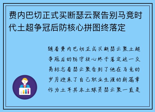 费内巴切正式买断瑟云聚告别马竞时代土超争冠后防核心拼图终落定 费内巴切正式买断瑟云聚告别马竞时代土超争冠后防核心拼图终落定