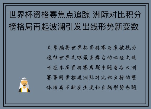 世界杯资格赛焦点追踪 洲际对比积分榜格局再起波澜引发出线形势新变数 世界杯资格赛焦点追踪 洲际对比积分榜格局再起波澜引发出线形势新变数